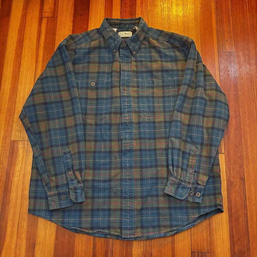 Vintage LL Bean Chamois Cloth Shirt Large Blue Plaid Flannel Excellent Utility